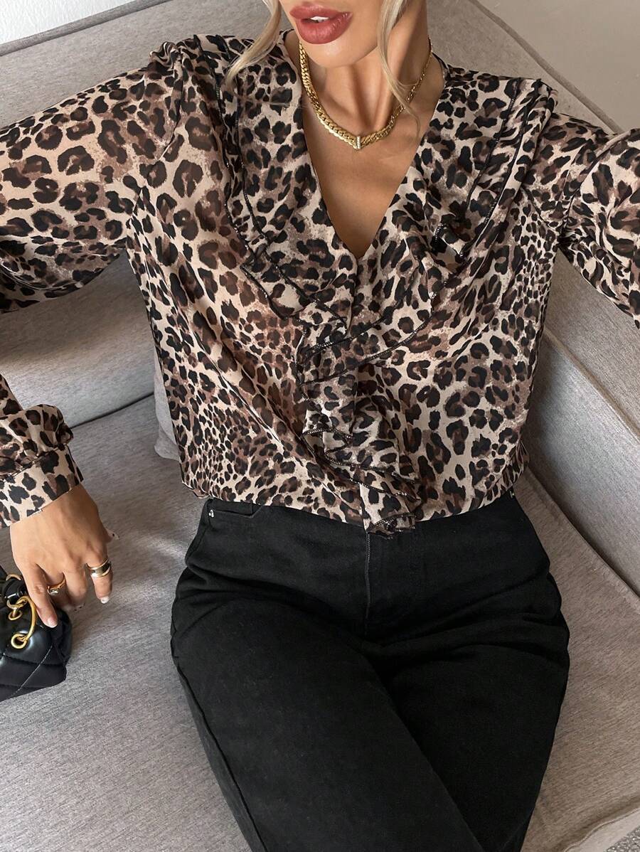 SHEIN Frenchy 女式秋季宽松豹纹荷叶边长袖衬衫 - 彩色 - 查看 1