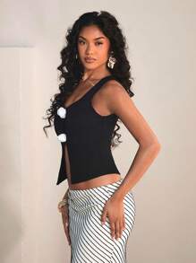 Opulessa Black Knitted 3D Floral Pattern Women Sleeveless Top With Side Split Hem, Fashionable