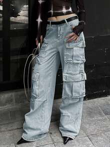 90年代Y2K高腰翻盖口袋男友风破洞宽松牛仔裤，街头风 - 藍色 - 查看 5