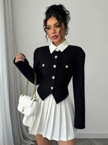 Elenzga Conjunto de chaqueta de manga larga de solapa única elegante y falda midi plisada para mujer