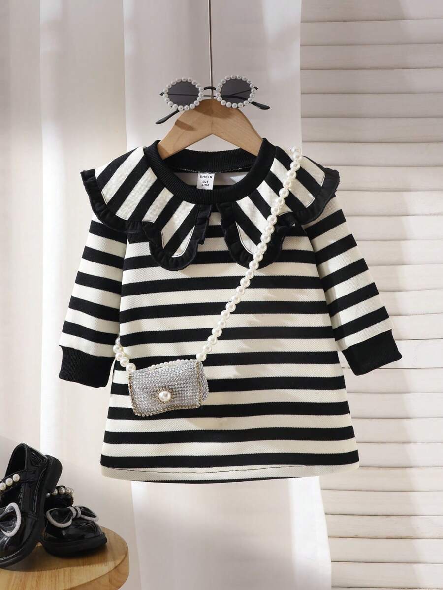 SHEIN Playful Pals 轻盈女婴条纹领长袖连衣裙，春秋装 - 彩色 - 查看 1