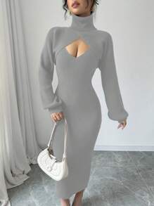 Chiquease 1 conjunto de vestido de suéter sin mangas con escote en V + suéter corto de cuello alto con mangas de linterna cruzadas