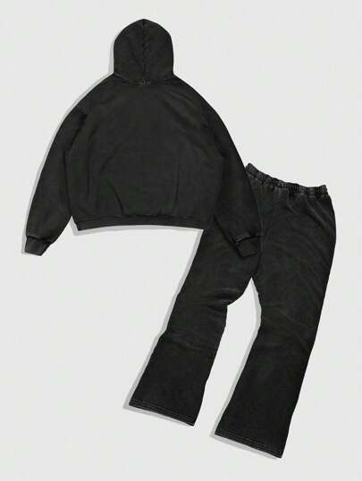 Street Life 2pcs Casual Men Washed Letter Print Hooded Sweatshirt And Sweatpants Tracksuit