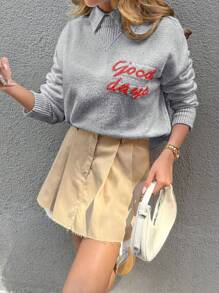 EURMUSE Women's Letter Print Long Sleeve Minimalist Casual Blouse, Everyday Wear - Light Grey - View 3