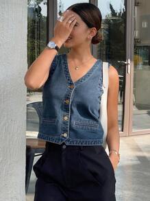 Livesso 女式休闲单排扣 V 领背心上衣，秋季 - 中等水洗藍 - 查看 6