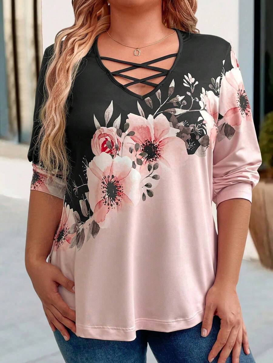 EMERY ROSE Plus Size Colorblock Floral Print Crisscross V-Neck T-Shirt Graphic Tees Women Tops - Multicolor - View 1