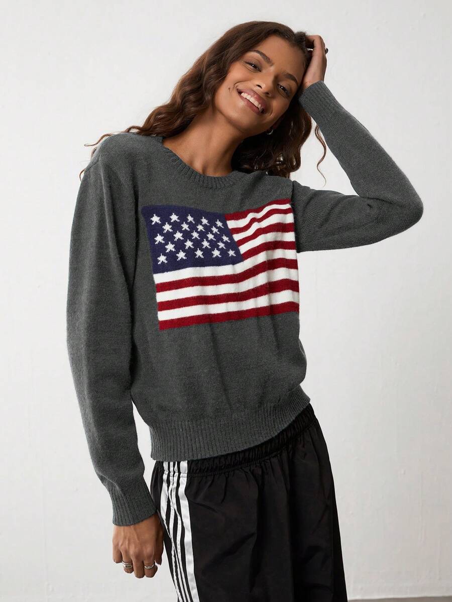 SHEIN Unity Women's Round Neck Long Sleeve Casual American Flag Pattern Sweater For Autumn/Winter Knit Pullover Fall - Dark Grey - View 1