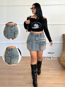 SHEIN SXY 大码夏季时尚百搭翻盖口袋紧身迷你牛仔半身裙 - 深色水洗藍 - 查看 1