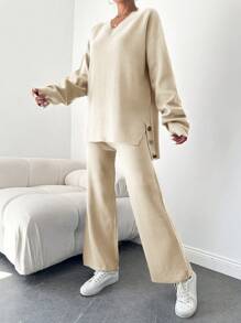 SHEIN Cottnline 2pcs V-neck High Low Hem Split Knit Sweater And Solid Color Knitted Pants - Beige - View 3