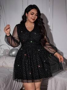 SHEIN Privé 大码女式黑色亮片撞色网眼拼接连衣裙