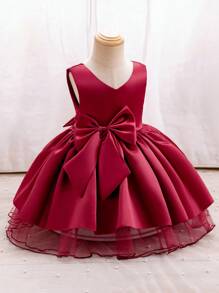 SHEIN Glamorique Kids Váy Giáng sinh cho bé gái, Váy dự tiệc không tay cho bé gái có chân váy tutu nơ 3D, Váy phù dâu cưới nhẹ nhàng ngọt ngào, Phù hợp với mọi mùa - Đỏ - Xem 1