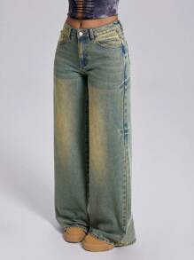 SHEIN ICON 女式复古拼色低腰阔腿牛仔裤 脏脏洗水做旧宽松牛仔裤 - 中等水洗藍 - 查看 1