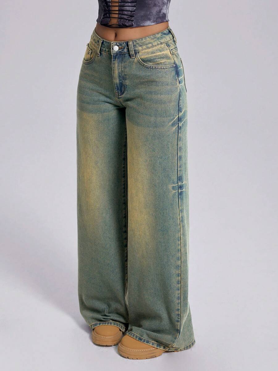 SHEIN ICON 女式复古拼色低腰阔腿牛仔裤 脏脏洗水做旧宽松牛仔裤 - 中等水洗藍 - 查看 1