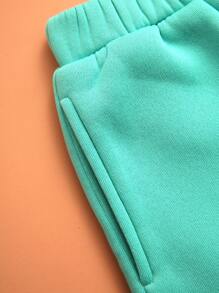 SHEIN 女童绿色弹力腰带口袋直筒休闲裤，秋冬季 - 綠色 - 查看 3