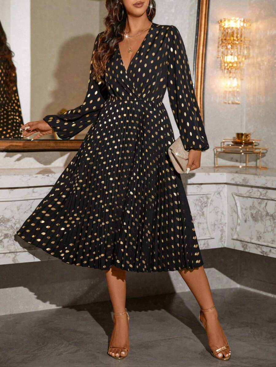 SHEIN Clasi Damen V-Ausschnitt Laternärmel Polka Punkt Muster Gold Folie elegantes midi-langes Maxikleid Damen Outfit Herbstkleidung für Frauen