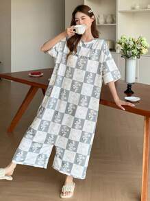 DAZY All-Over Letter Print & Adorable Cartoon Bear Pattern Loose Fit Jumpsuit Pajama - Blue - View 1