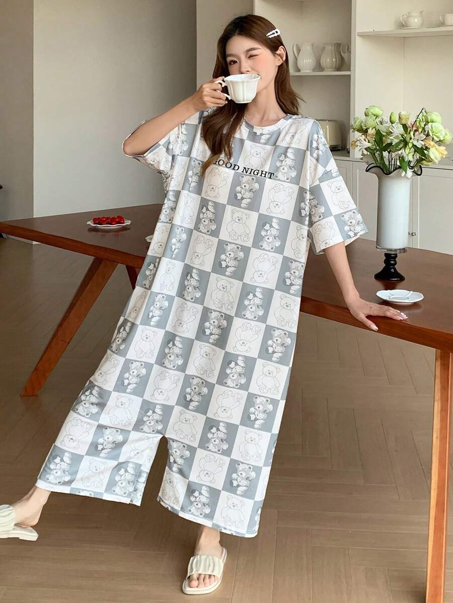 DAZY All-Over Letter Print & Adorable Cartoon Bear Pattern Loose Fit Jumpsuit Pajama - Blue - View 1