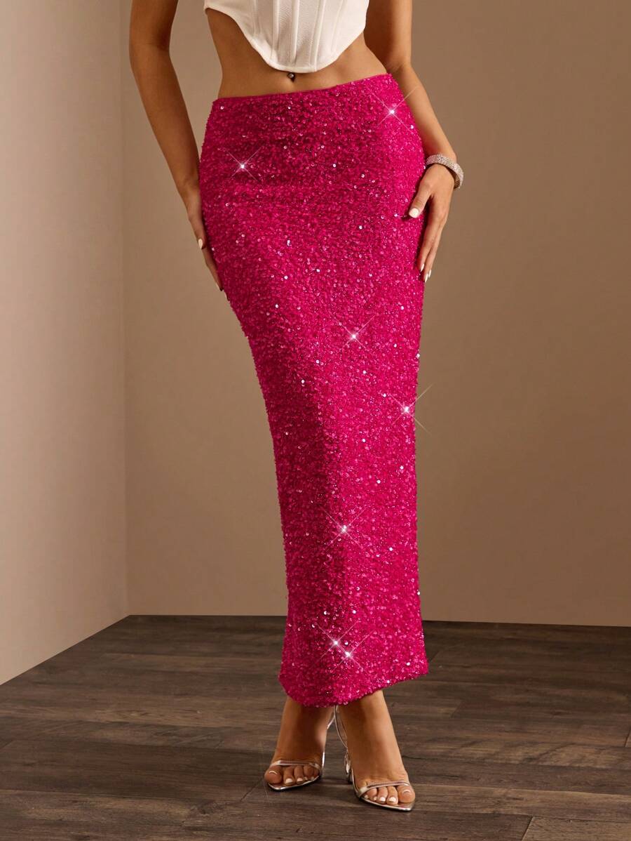 Glamine 女式亮粉色低腰长款亮片修身鱼尾裙，四季百搭，优雅裙装，亮片裙，节日派对裙，女式秋季长裙 - 玫紅色 - 查看 1