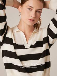 GLOWMODE Washable Wool Warm Soft Boxy Striped Lapel Sweater Daily Casual - Black and White - View 4