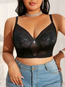 Plus Size Solid Color Simple Spaghetti Strap Bralette & Wirefree Bra - Black - View 4