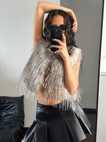 SHEIN ICON 女士无袖短款蓬松背心系带前节日派对女士新年夹克，时尚秋冬季 - 彩色 - 查看 5