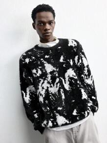 Maija 2025 New Men's Loose Fit Thickened Pullover Sweater, Black & White Color-Block, Casual Wear For Christmas, New Year, Valentine's Day, Daily Life