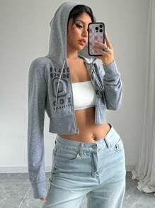 SHEIN Unity Letter Graphic Zip Up Drawstring Crop Hoodie Sweatshirt - Multicolor - View 4