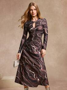 SHEIN Unity Women's Knitted Geo-Patterned Long Dress Maxi Women Outfit - Brown - View 1