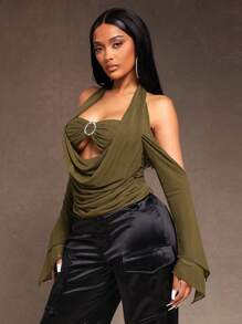 SHEIN SXY 新年优雅性感夜店必备情人节休闲街头Y3K ICON军绿色网布假两件长袖吊带上衣 - 軍綠色 - 查看 1