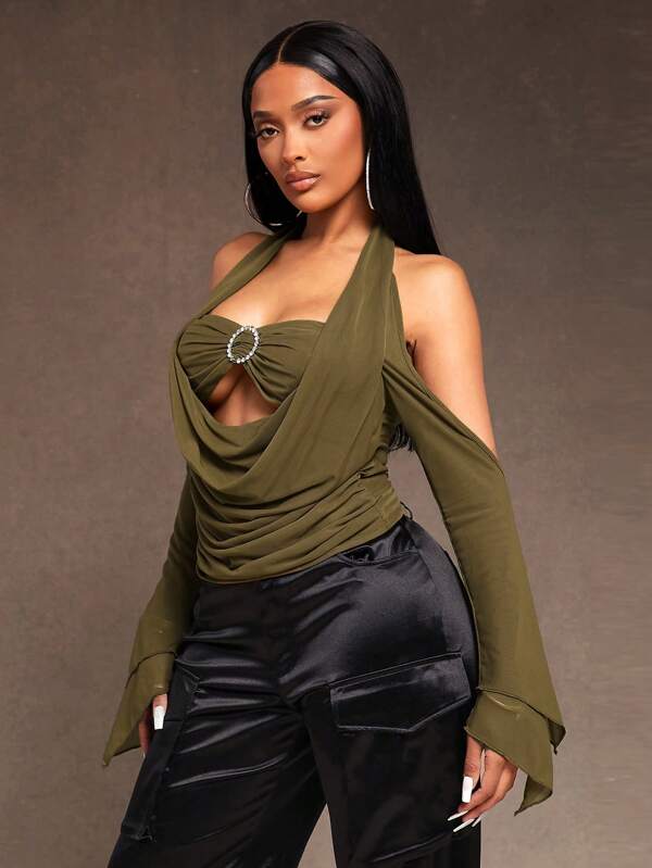 SHEIN SXY Blusa de cuello halter de manga larga de tela de red verde militar Y3K ICON que parece de dos piezas, indispensable para discotecas elegantes y sensuales, ideal para Año Nuevo y Día de San Valentín