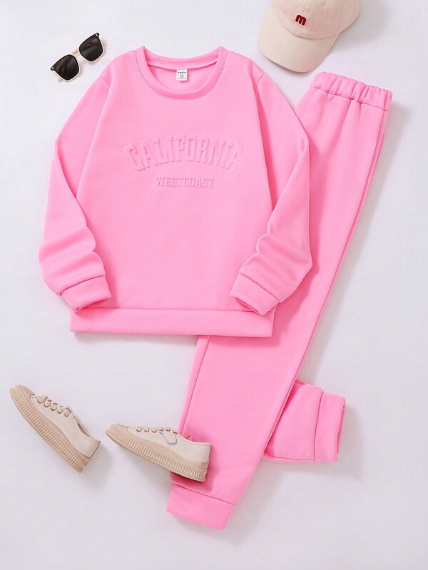 SHEIN Explorewe Conjunto casual de 2 peças para meninas adolescentes: blusa de manga comprida com gola redonda e calças compridas