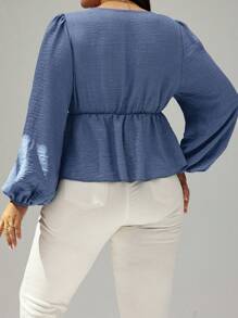 Celure Plus Size Floral Print Deep V Neck Blouse, Minimalist Style - Blue - View 2