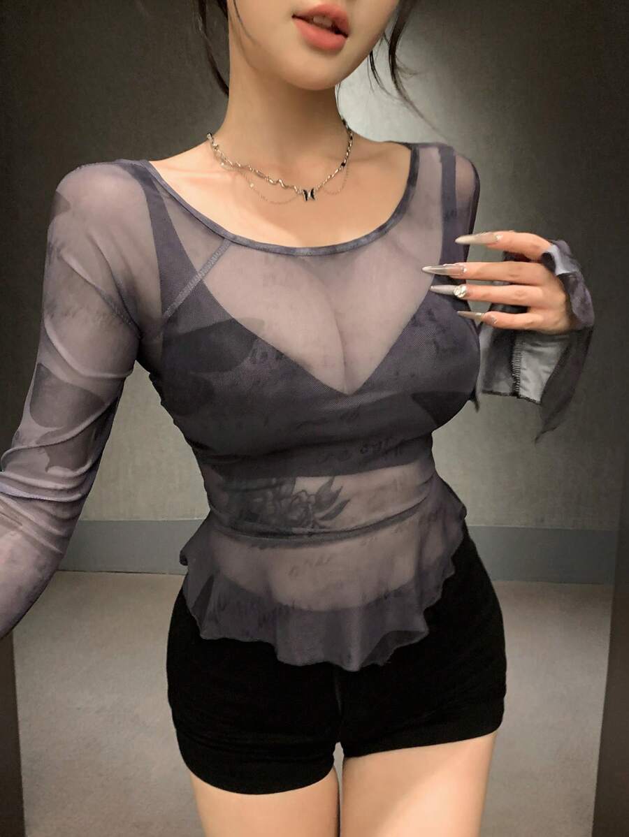 DAZY 女士蝴蝶网纱不对称荷叶边拼接上衣，半透明长袖女士上衣，秋季女士外出上衣 - 黑色 - 查看 1