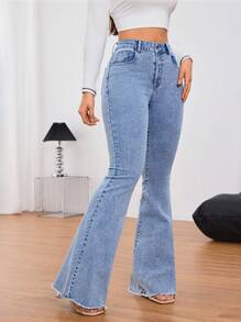 SHEIN Tall Women's Front Button Pocket Casual Denim Pants, Everyday Wear - Blue - View 4