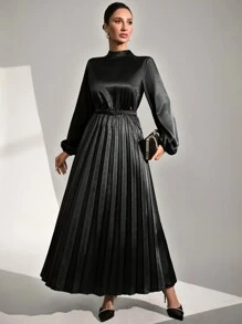 SHEIN Cottnline Women Plain Collarless Long Sleeve Simple Long Dress - Black - View 1