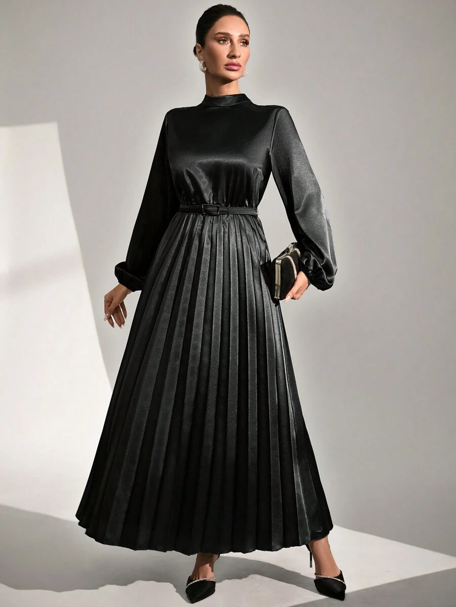 SHEIN Cottnline Women Plain Collarless Long Sleeve Simple Long Dress - Black - View 1