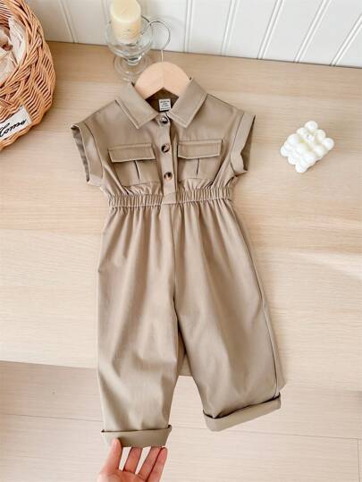 SHEIN LMoss Kids Pelele corto de manga corta y cintura entallada, con cuello, en color beige, para bebé niña, de verano