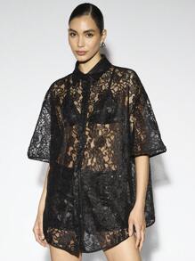 AiiRZ Elegant Lace Button Up Shirt Sheer Oversized Blouse Floral Pattern See Through Long Top Evening Party Holiday Occasion Wear - Black - View 1