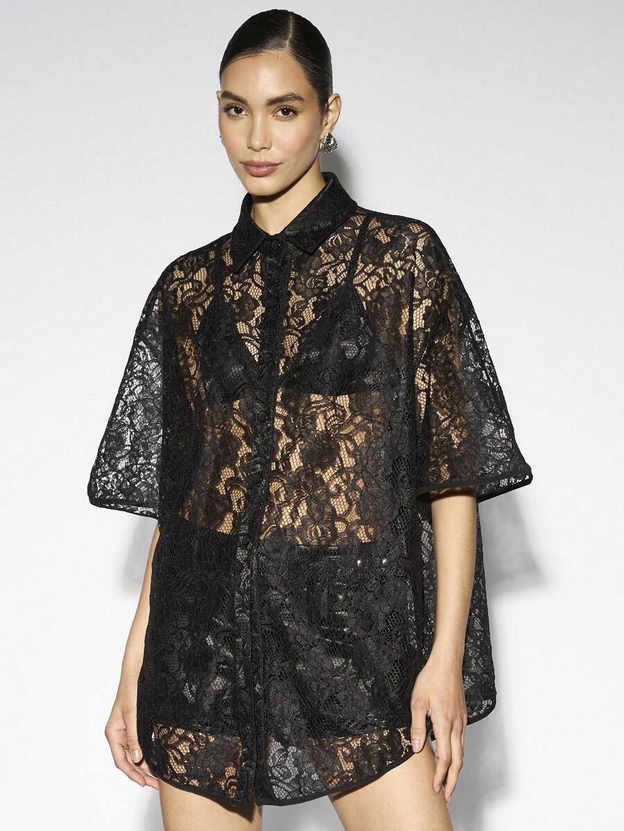 AiiRZ Elegant Lace Button Up Shirt Sheer Oversized Blouse Floral Pattern See Through Long Top Evening Party Holiday Occasion Wear - Black - View 1