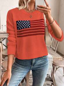 SHEIN LUNE Women's Round Neck Long Sleeve Flag Pattern Casual Sweater, Everyday Wear Knit Pullover Fall Winter - Burnt Orange - View 7