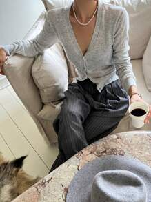 DAZY Women V-Neck Solid Color Cardigan Sweater, Spring/Autumn - Grey - View 5