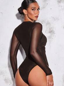 SHEIN BAE Bộ đồ liền thân gợi cảm màu trơn cổ đứng tay dài lưới tương phản cho nữ - Cà phê nâu - Xem 2