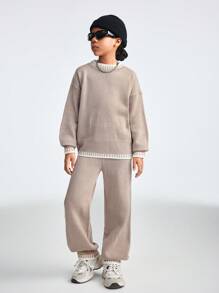 SHEIN Tween Girl 拼色圆领落肩长袖毛衣和针织裤休闲装，秋冬 - 卡其色 - 查看 5