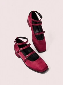 CUCCOO DOLLMOD Square Toe Block Heel Closed Toe Maryjane High Heel Shoes, Burgundy Color - Burgundy - View 6