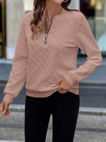 SHEIN LUNE Women's White Knitted Textured Fabric Front Zip Up Crew Neck Sweatshirt In Fall/Winter - Pink - View 4