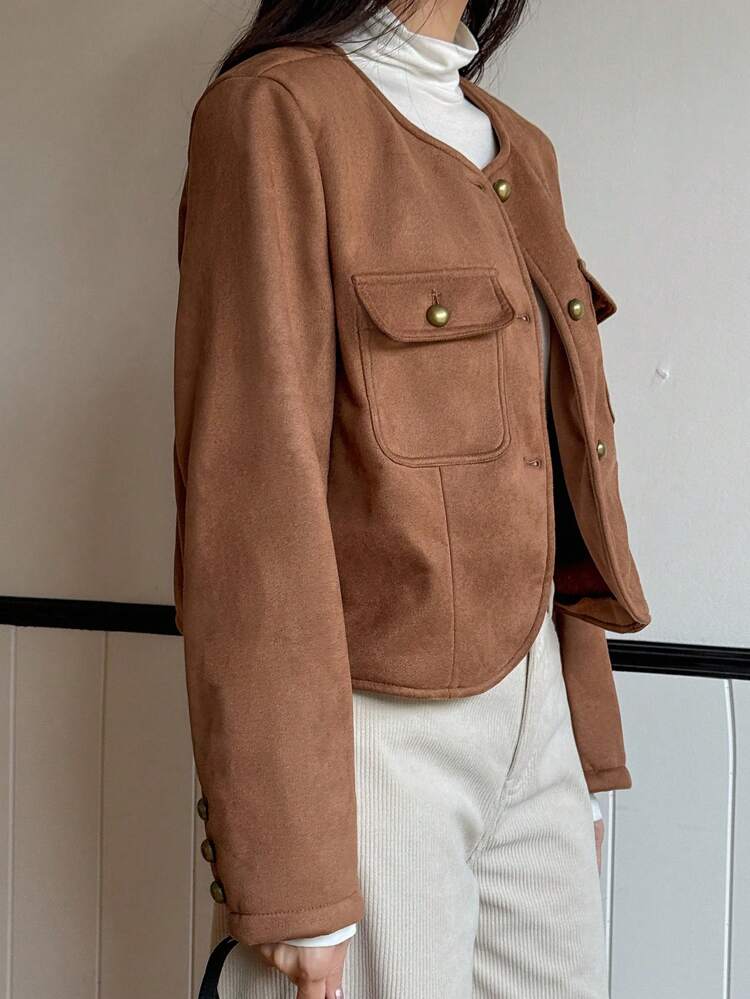 Women's Solid Color Long Sleeve Stand Collar Pocket Fitted Suedette Jacket For Autumn