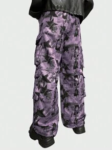 ROMWE MEN Street Life Men's Fashionable Tie-Dye Starry Print Drawstring Waist Cargo Pants, Fall - Purple - View 4