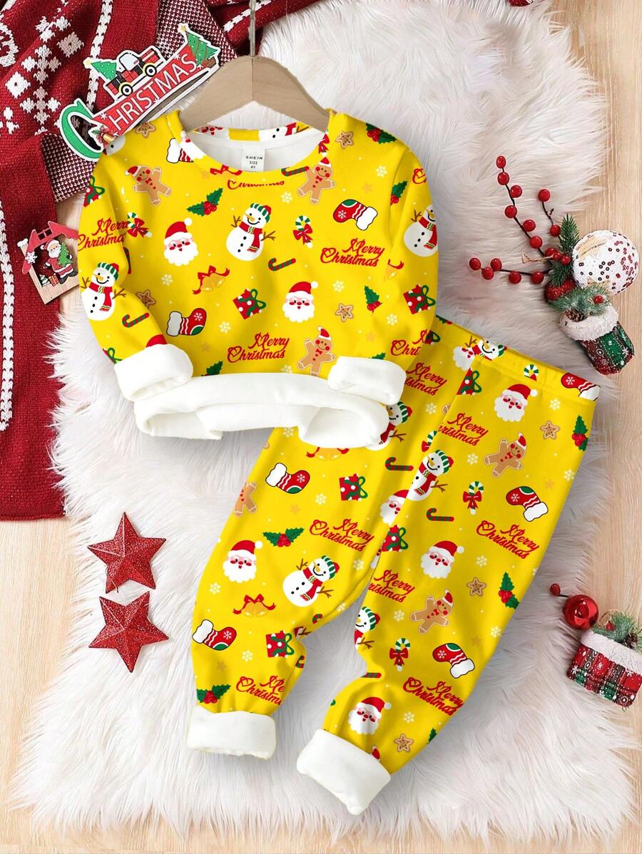 SHEIN 年轻男孩舒适休闲简约圣诞圣诞老人、雪人、长袜、姜饼人、圣诞快乐图案印花长袖圆领睡衣套装，适合秋冬季 - 彩色 - 查看 1