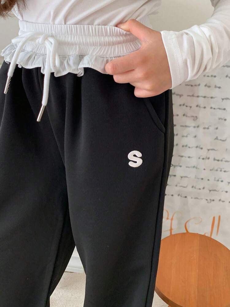 Tween Girl Color Block Letter Embroidered Long Pants, Fall Tween Girl Clothes