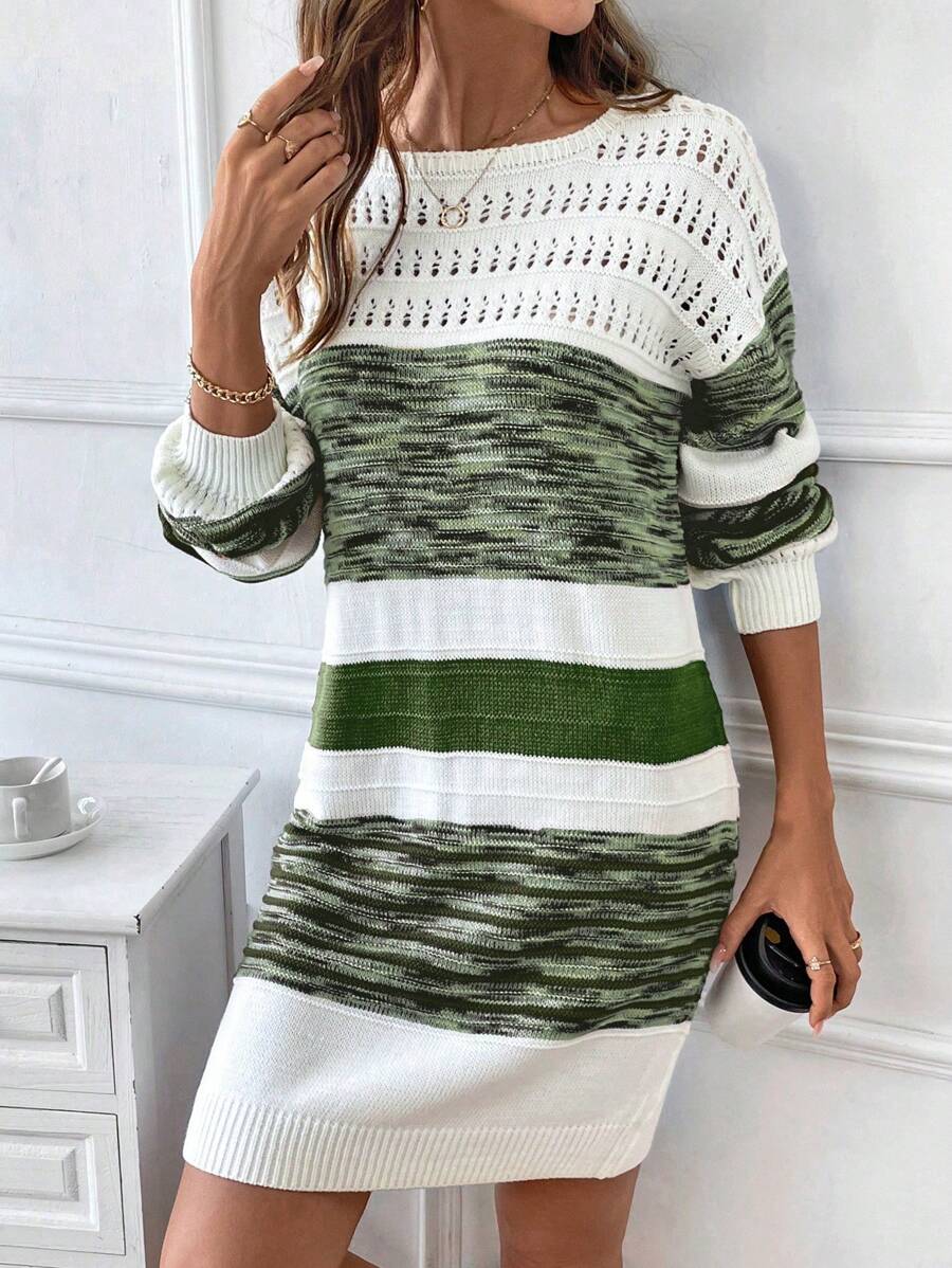 SHEIN LUNE Women's Autumn/Winter Striped Round Neck Drop Shoulder Long Sleeve Hollow Out Casual Sweater Dress Fall Cloth For Women - Multicolor - View 1